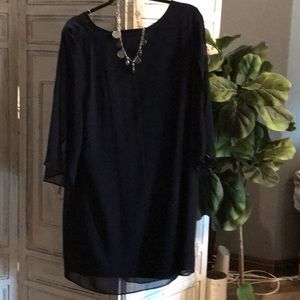 Chiffon navy dress with open flutter sleeves